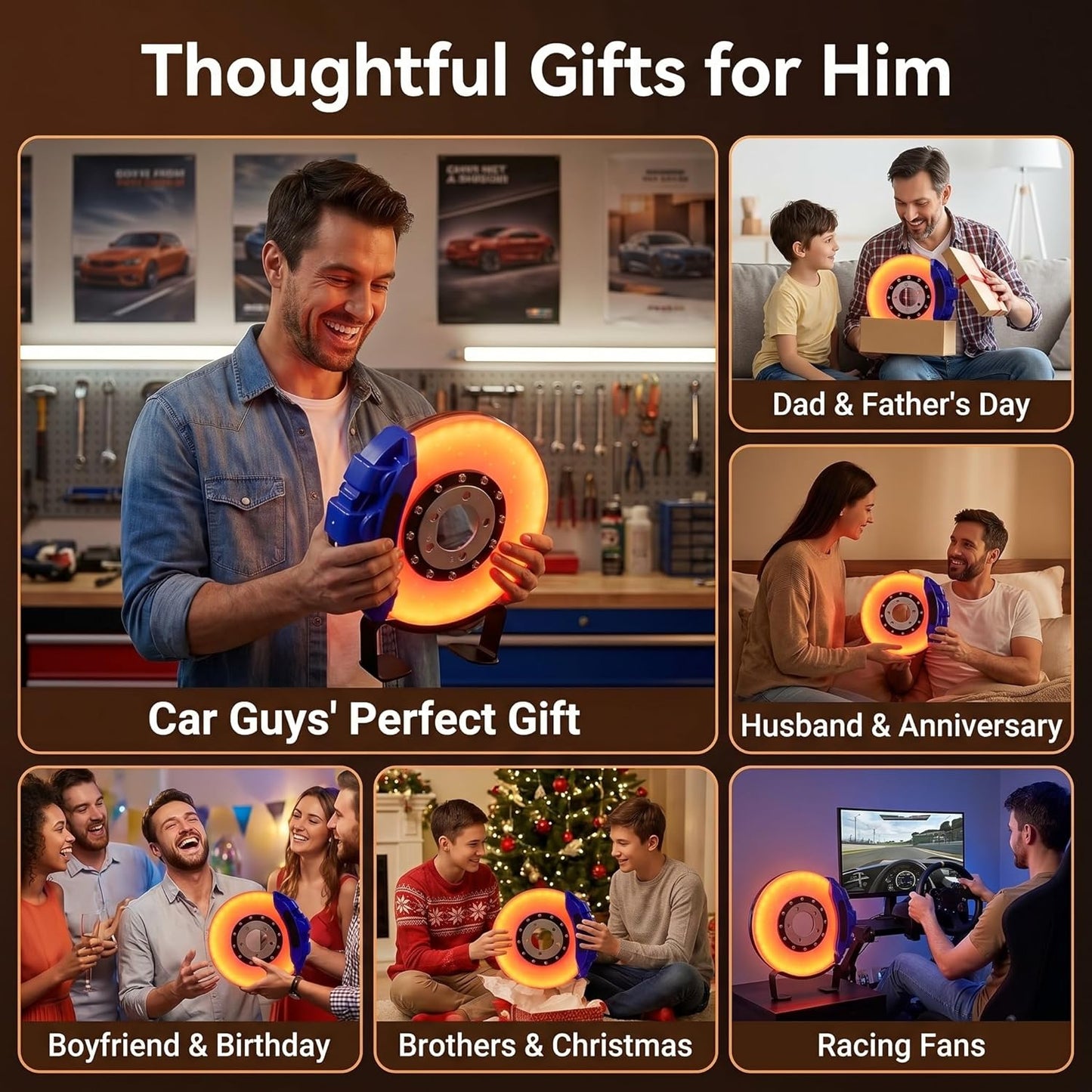 WILLBOND Brake Disc LED Lamp Cool Lamps for Men, Rechargeable Ambient Touch Night Light Unique Gifts for Him Dad Car Lover Fathers Day Birthday Holiday Room Office Home Decor(Blue - Orange Yellow)