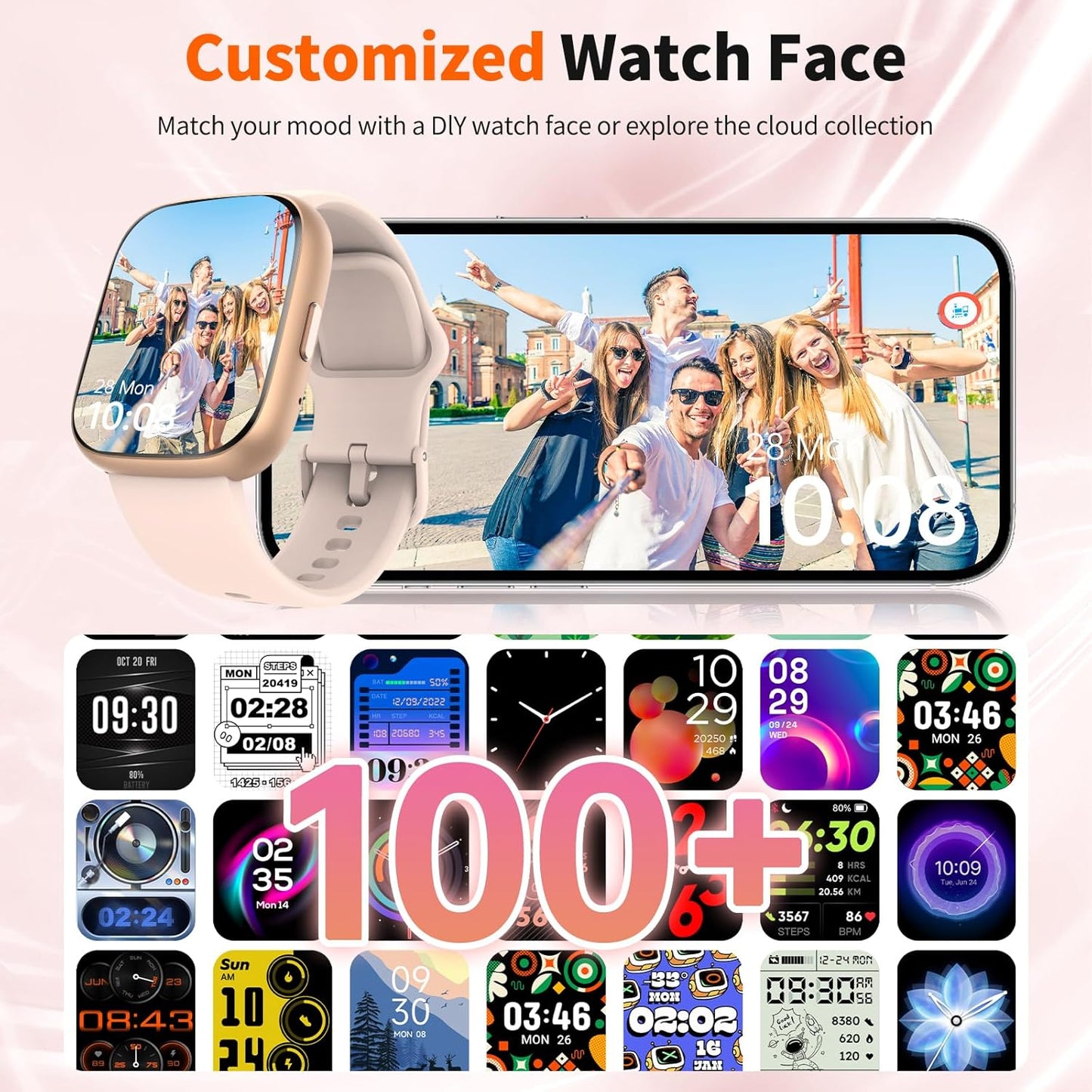 Smartwatch Damen Herren, 1.83" HD, Alexa Integriert, Bluetooth 5.3 Anrufe & Nachrichten, IP68 Wasserdicht, 100+ Sportmodi, Fitness Tracker/Herzfrequenz/SpO2/Schlafmonitor für Android iOS (Rosa)