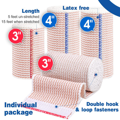 AZEN Premium 8 Pack Elastic Bandage Wrap (2x2", 2x3", 2x4", 2x6"), Compression Wrap Bandage for Legs, Ankle, Knee, Tummy, Body, Latex-Free, Lymphedema Wraps for Legs