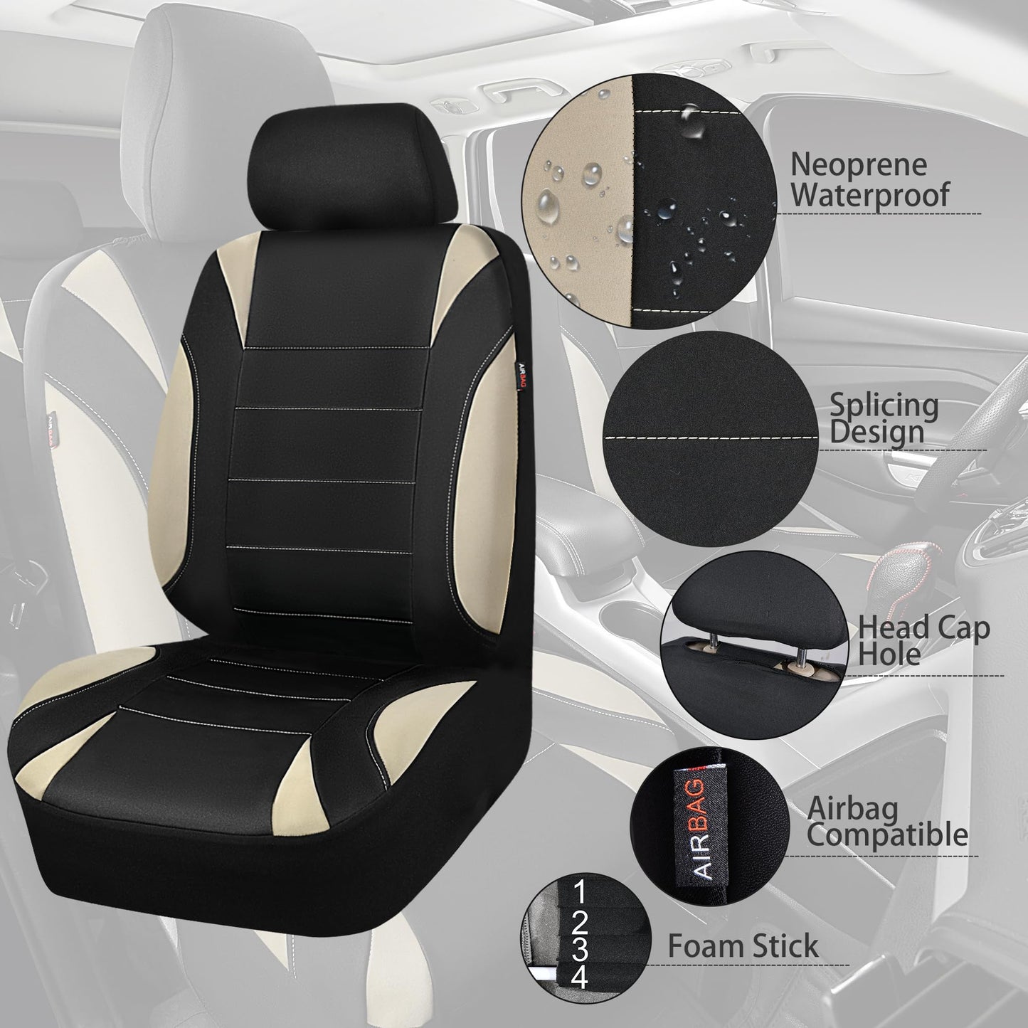 CAR Pass Neoprene Waterproof Two Front Car Seat Covers Set- Universal Fit for Vehicles, Airbag Compatiable(Black)