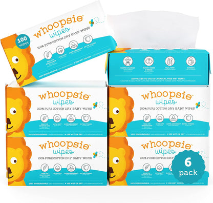 Whoopsie Wipes – Die Originalen Babytrockentücher aus 100% reiner Baumwolle – Ultraweiche, parfümfreie, chemikalienfreie Tücher für empfindliche Haut – Trocken verwenden oder Wasser hinzufügen für Feuchttücher – 6 Packungen (600 Stück)