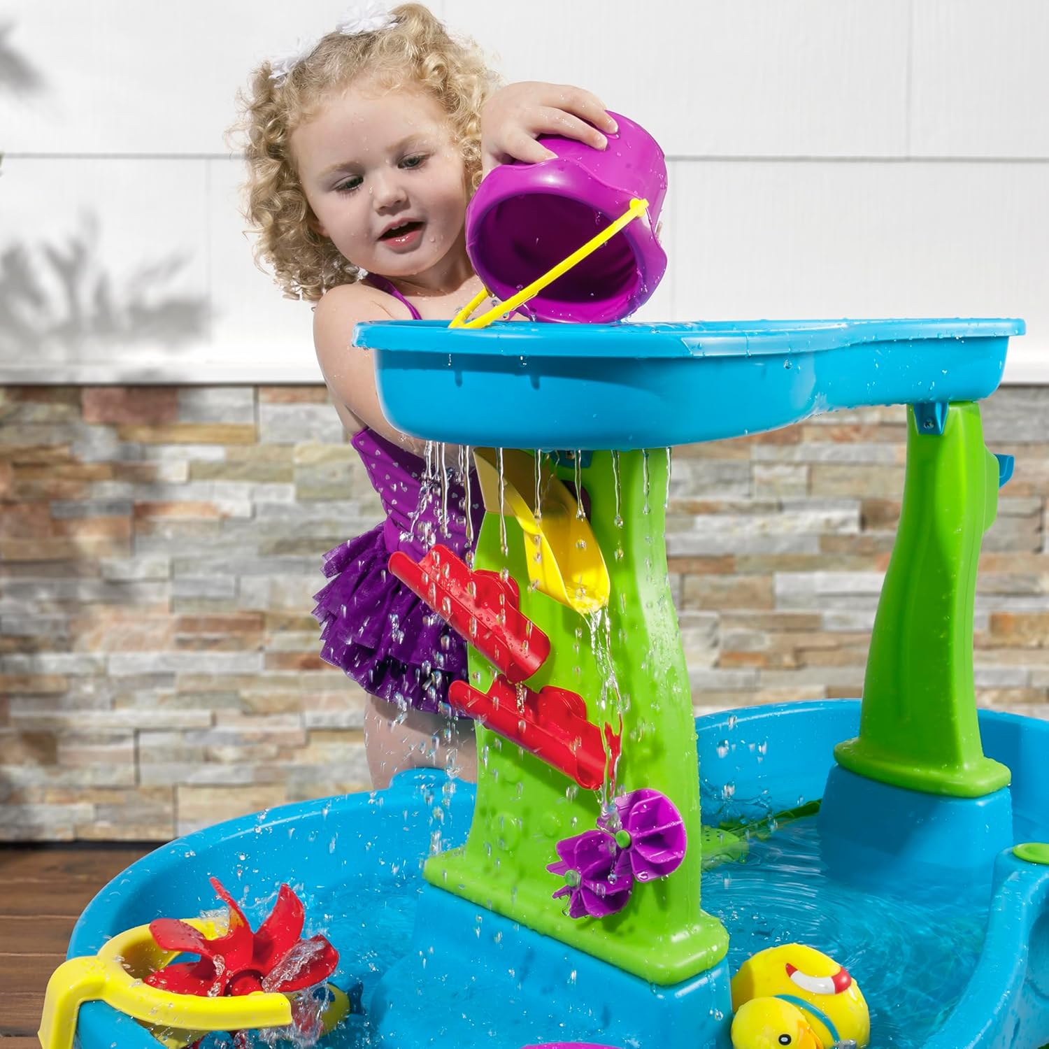 Step2 Rain Showers Splash Pond Water Table, Kids Water and Sand Activity Sensory Playset, Summer Outdoor Toys, 13 Piece Water Toy Accessories, For Toddlers 1.5+ Years Old, Blue & Green