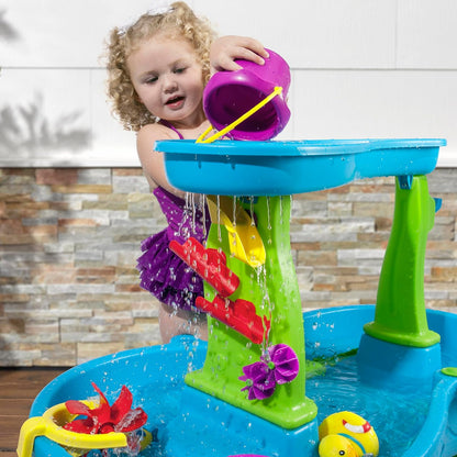 Step2 Rain Showers Splash Pond Water Table, Kids Water and Sand Activity Sensory Playset, Summer Outdoor Toys, 13 Piece Water Toy Accessories, For Toddlers 1.5+ Years Old, Blue & Green