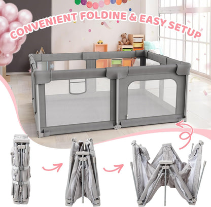 Palopalo Baby Laufgitter, 180x150cm Extra Großer Laufstall für Babys und Kleinkinder, Baby-Aktivitätszentrum mit 8 Saugnapfbasen, Baby-Laufstall mit Tür und weichem, atmungsaktivem Netz, Ohne Matte