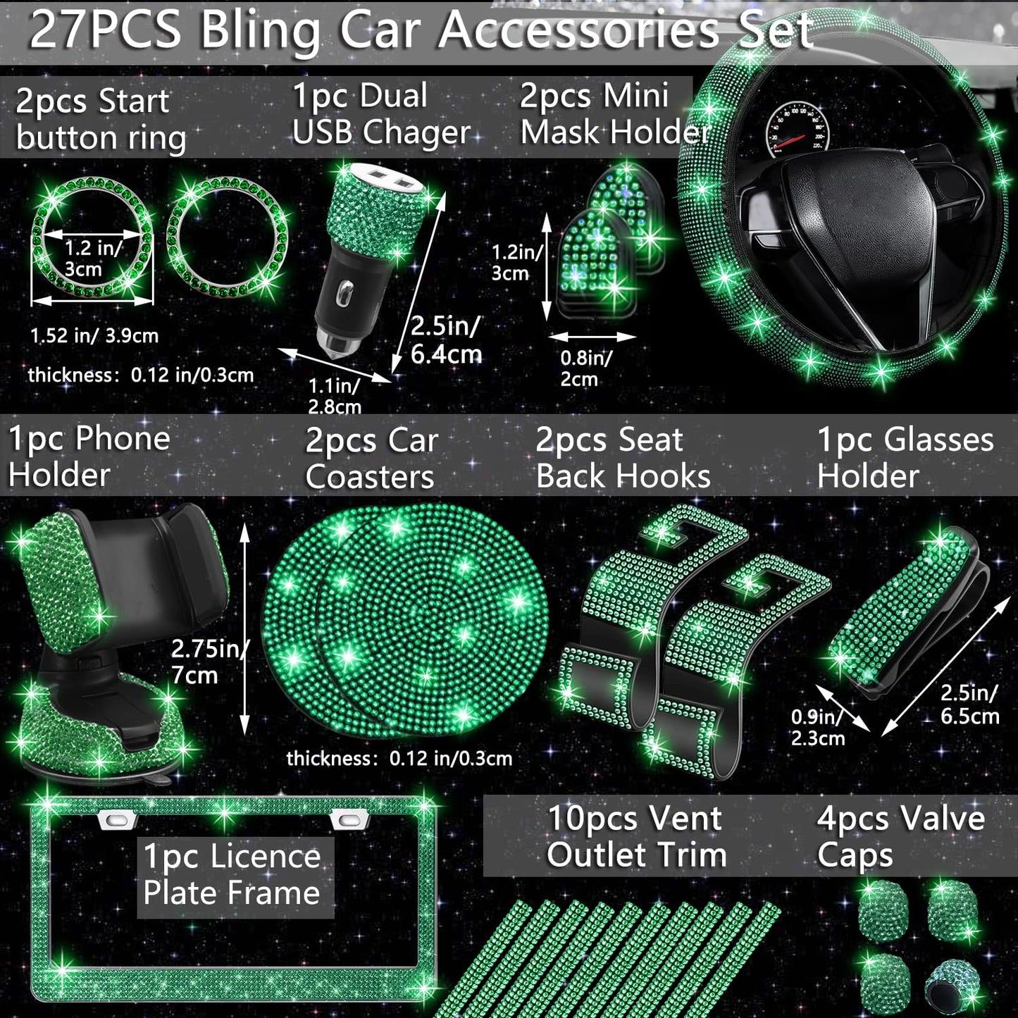 NBTEPEM 27-Piece Bling Car Accessories Set - Universal Fit Steering Wheel Covers, License Plate Frames, Phone Holder, Car Fast Charger, Coasters (Pink)