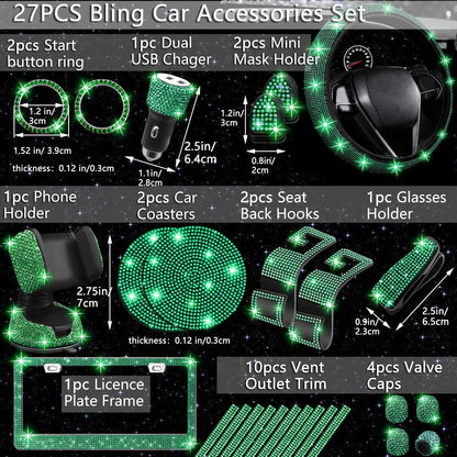 NBTEPEM 27-Piece Bling Car Accessories Set - Universal Fit Steering Wheel Covers, License Plate Frames, Phone Holder, Car Fast Charger, Coasters (Pink)