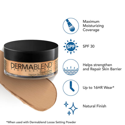 Dermablend Cover Crème Full Coverage Foundation Makeup, Hydrating Cream Concealer for Dark Circles and Blemishes, Maximum Coverage with Mineral Sunscreen SPF 30, 1 OZ