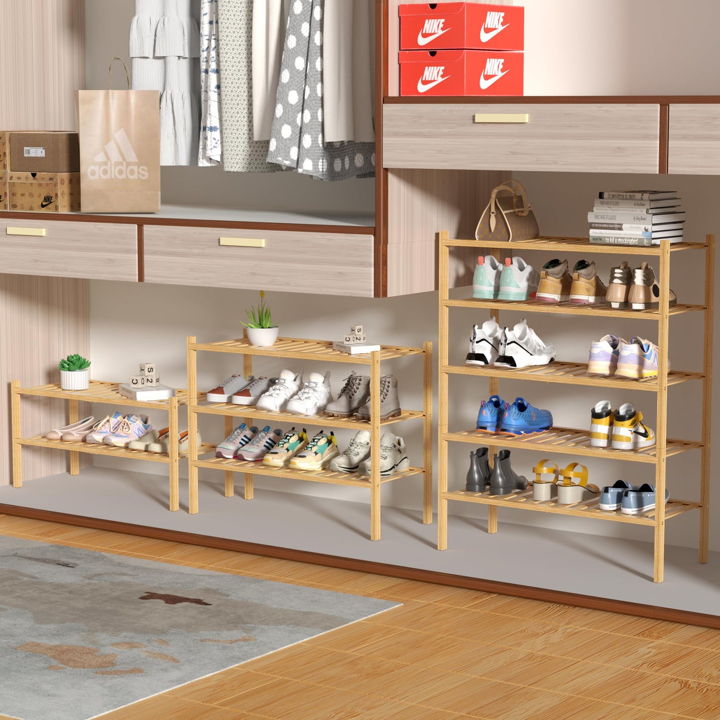 ROMGUAR CRAFT 3 Tier Bamboo Shoe Rack for Closet Free Standing Wood Shoe Shelf Storage Organizer for Entryway Small Space Stackable 27"x11"x20" (Natural)