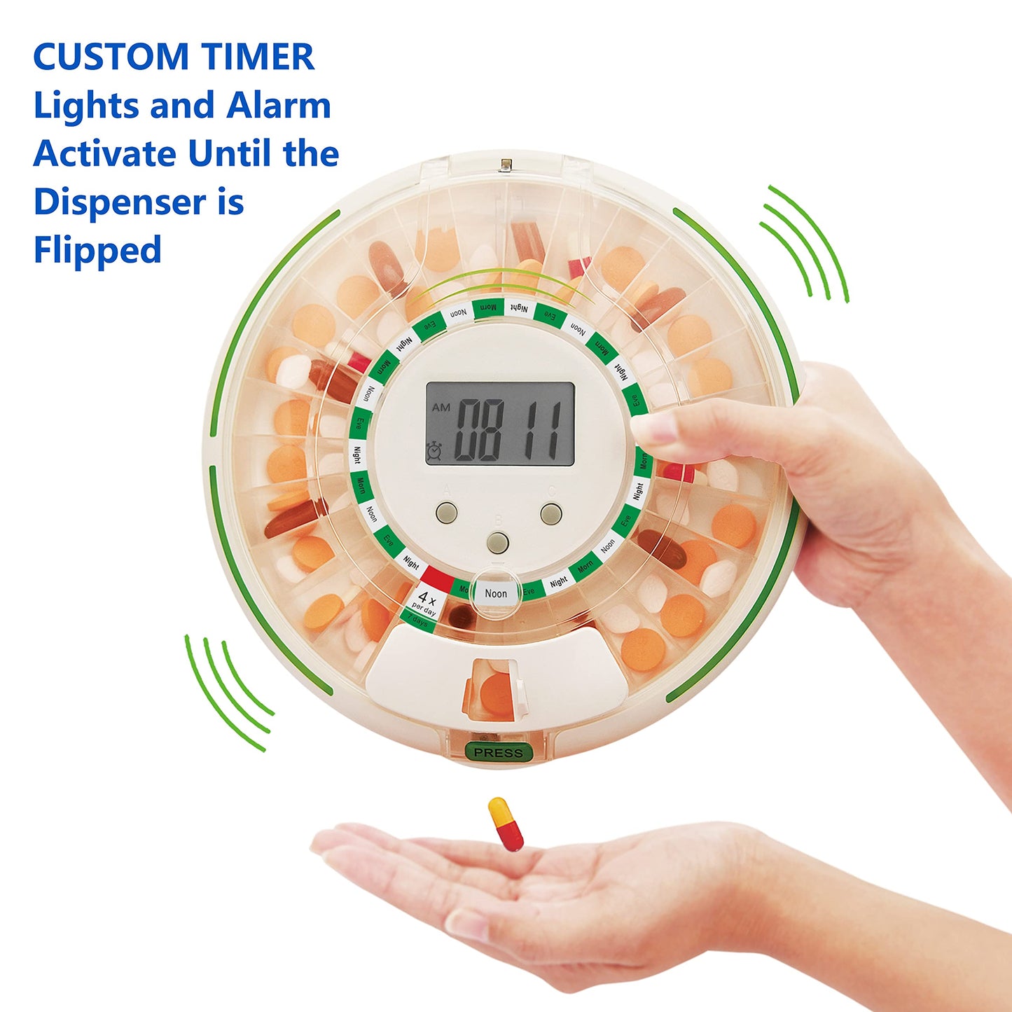 Automatic Pill Dispenser with Flashing Light, Sound, Alarm and Safety Lock, 28-Day Electronic Medication Organizer – Dispense Vitamins and Tablets Up 6 Times/Day – Easy Read Display (Frosted)