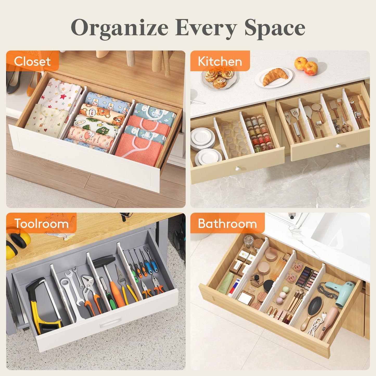 Lifewit 8" Tall 4 Pack Drawer Dividers, 13.8"-22.2" Adjustable Deep Drawer Organizer Clothes, Expandable White Plastic Separators for Dresser, Kitchen, Cabinet, Closet, Office Organization & Storage