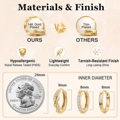 Inerney 14K Gold Plated Huggie Hoop Earrings for Women, Small Sterling Silver Earring Set Hypoallergenic Cartilage Helix Stacks, Mini Dainty Cute Trendy Birthstone Jewelry Gift for Multiple Piercings