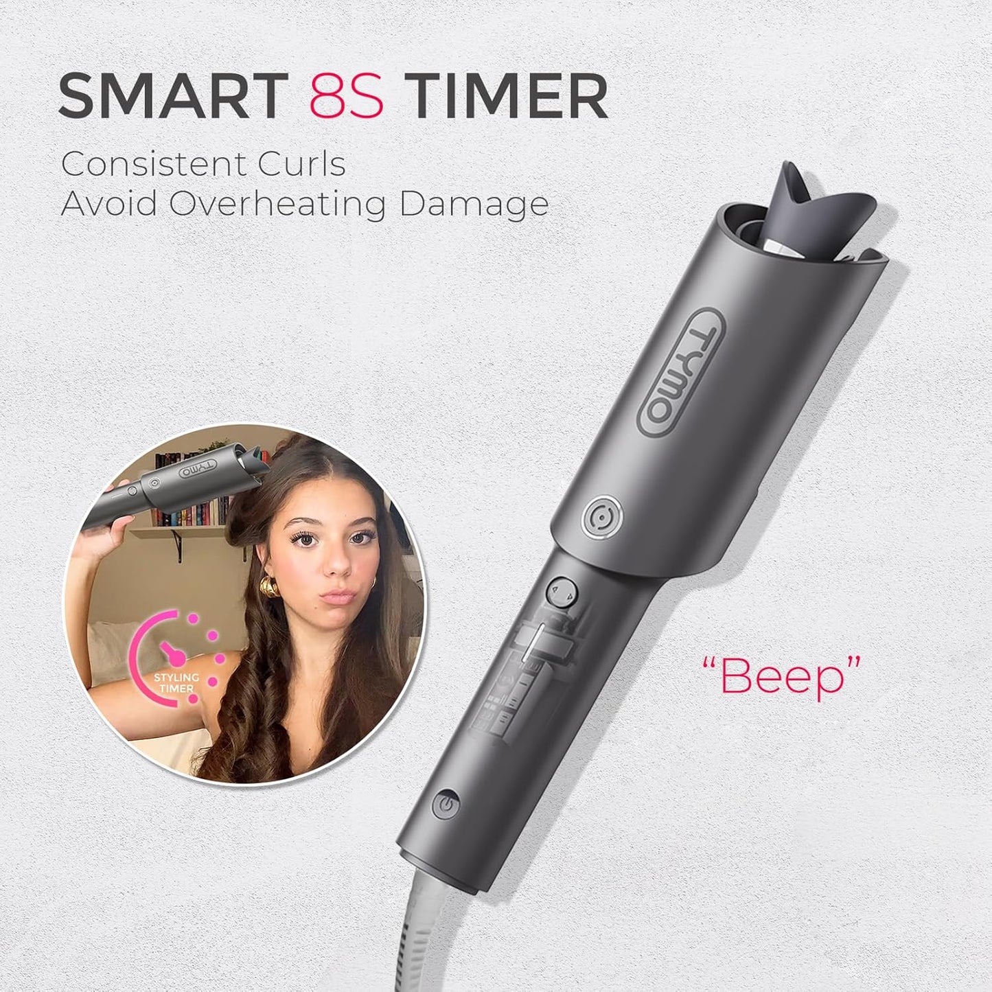 TYMO CURLPRO Automatic Rotating Curling Iron - Beach Waves Curling Wand, Portable Hair Curler, 500 Million Ionic, Dual Voltage & Lightweight for Travel, Ceramic Coating, Metallic Gray 1 inch