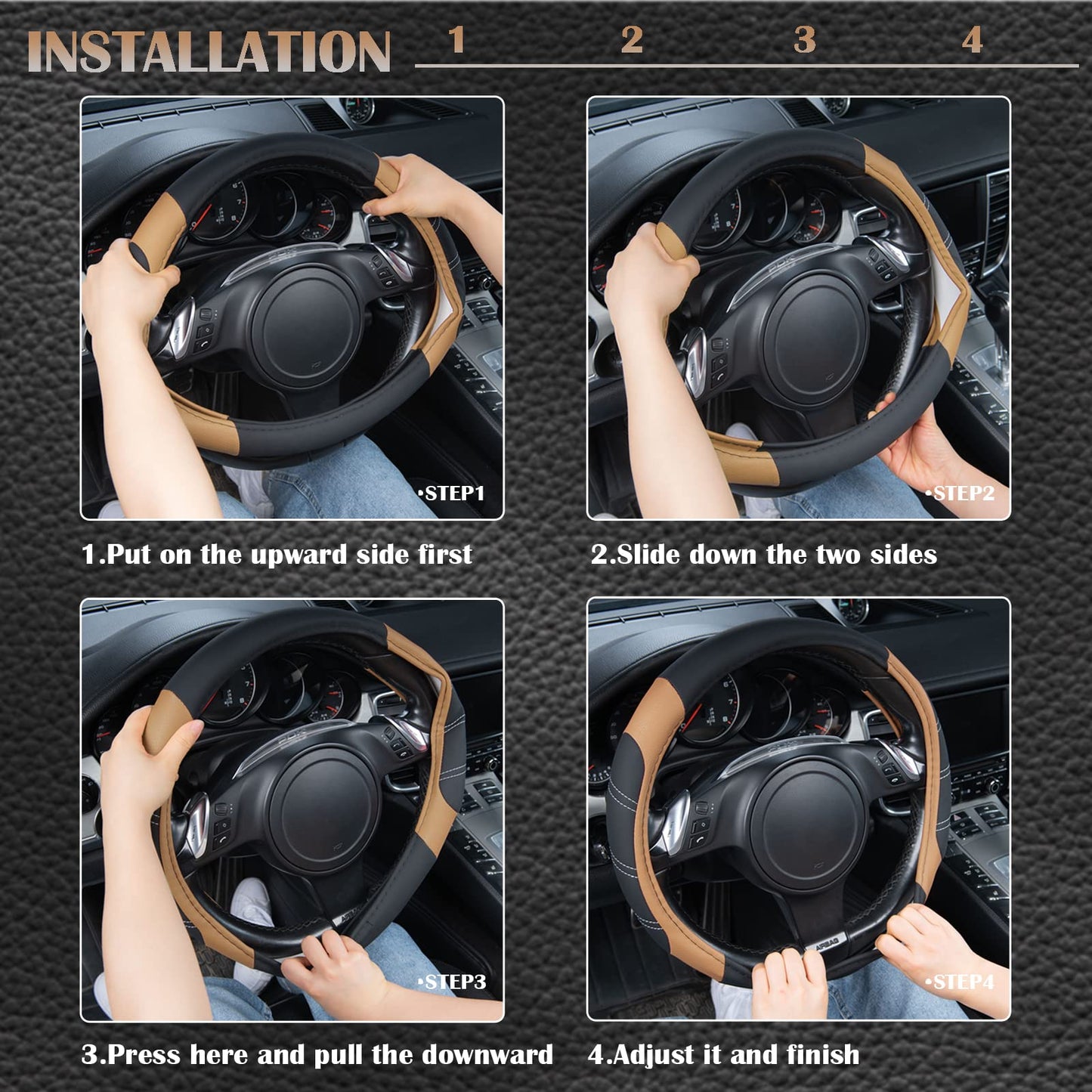 CAR PASS Line Rider Mikrofaser-Leder Sportlicher Lenkradbezug Universal Passend für 95% LKW, SUV, PKW, 36,8-38,1 cm Rutschfest Sicher Bequem Design (Schwarz-Grau)
