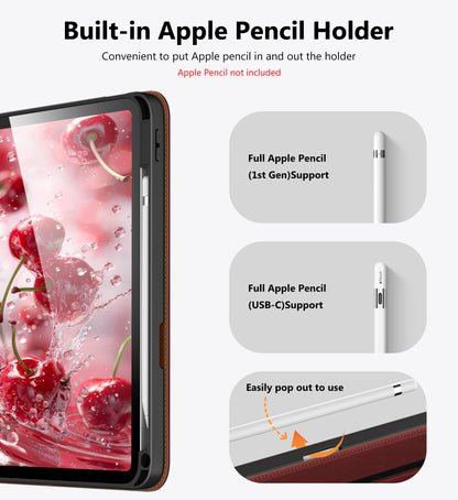 DTTO for iPad A16 Case, iPad 11th / 10th Generation Case (2025/2022), 360 Degree Rotating Premium Leather Folio Stand Cover with Pencil Holder, Brown