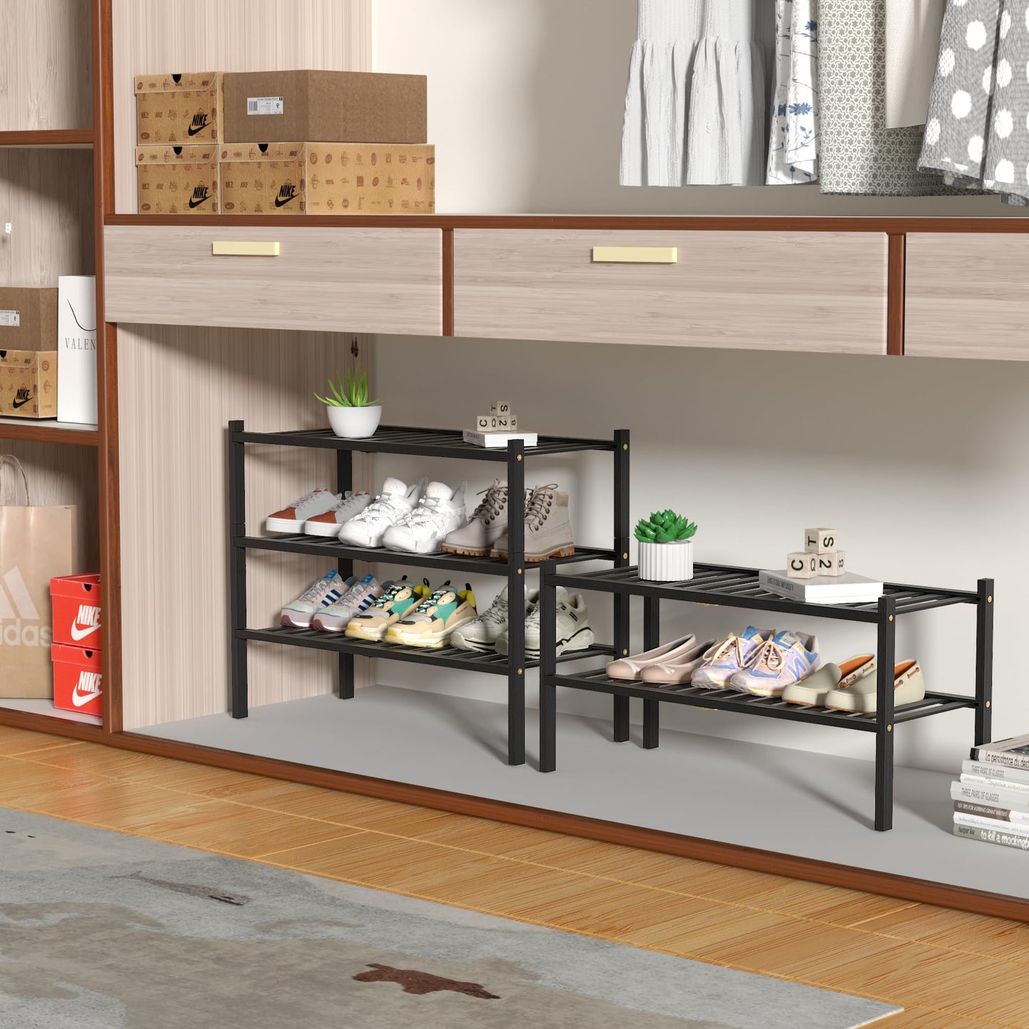 ROMGUAR CRAFT 3 Tier Bamboo Shoe Rack for Closet Free Standing Wood Shoe Shelf Storage Organizer for Entryway Small Space Stackable 27"x11"x20" (Natural)