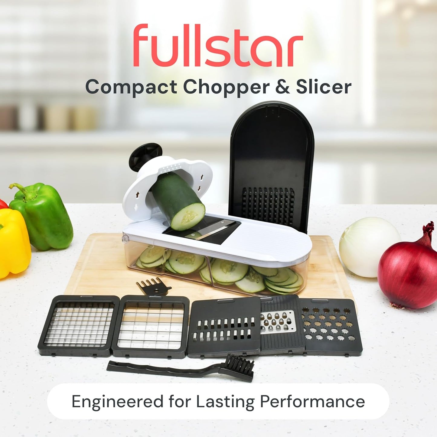 Fullstar Gemüsehacker und Mandolinenschneider - Julienne-Schneider, Würfelschneider, Reibe für Lebensmittel, Gemüse, Zwiebeln, Gurken, Tomaten, Salat, Kartoffeln, Käse - Küchenutensilien & Gadgets (Kompakt 6-in-1, Weiß)
