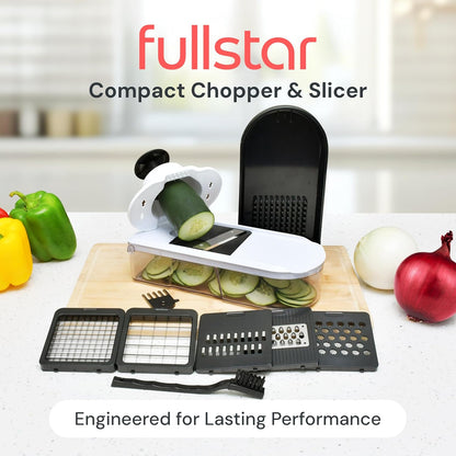Fullstar Gemüsehacker und Mandolinenschneider - Julienne-Schneider, Würfelschneider, Reibe für Lebensmittel, Gemüse, Zwiebeln, Gurken, Tomaten, Salat, Kartoffeln, Käse - Küchenutensilien & Gadgets (Kompakt 6-in-1, Weiß)