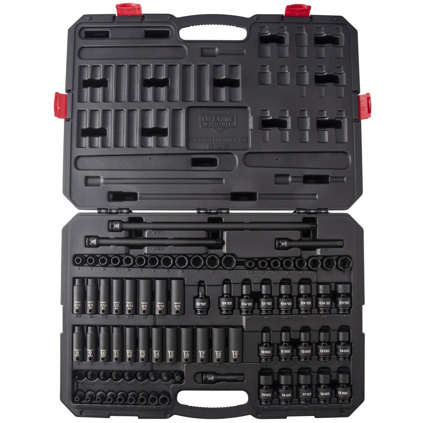 SUNEX Tools 80 Piece 3/8 in. Drive Master Impact Socket Set, Universal, Star, External Star, Extensions, Universal Joint, SAE and Metric, 8mm to 19mm and 5/16 in. to 3/4 in., CR-MO Steel, Model 3580