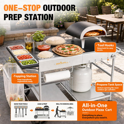 Pizza Oven Table Grill Cart with Topping Station, Grill Table Stand with Wheels for Ninja, Blackstone Griddle, Ooni, Gozney, Cuisinart, Heavy Duty BBQ Prep Cart with Storage Shelf and Hooks