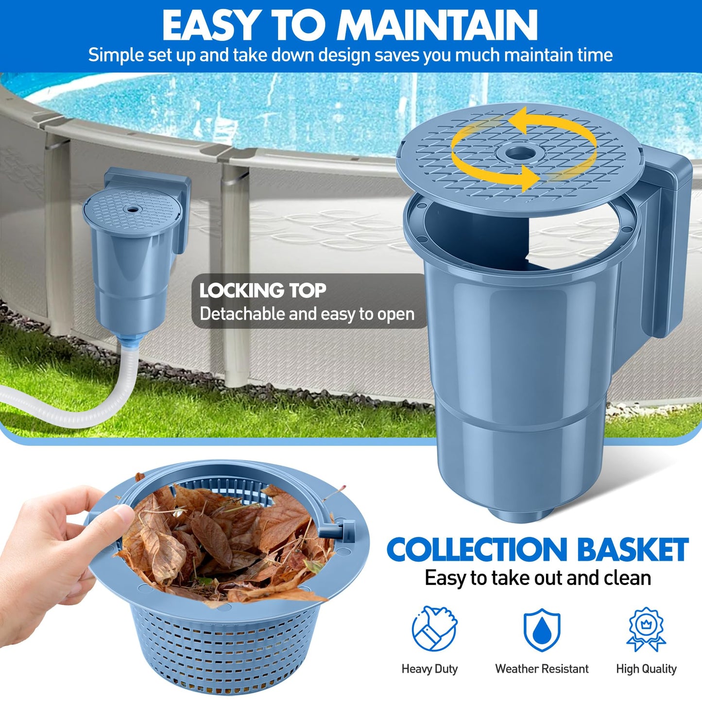DeeprClean Upgrade Above Ground Pool Skimmer Comes with 3 Socks, Anti-tilt Wall Mount Surface Skimmer, Removable Skimmer Basket, Adjustable Height Bracket, Auto Skimming Pool Surface Leaves - Blue