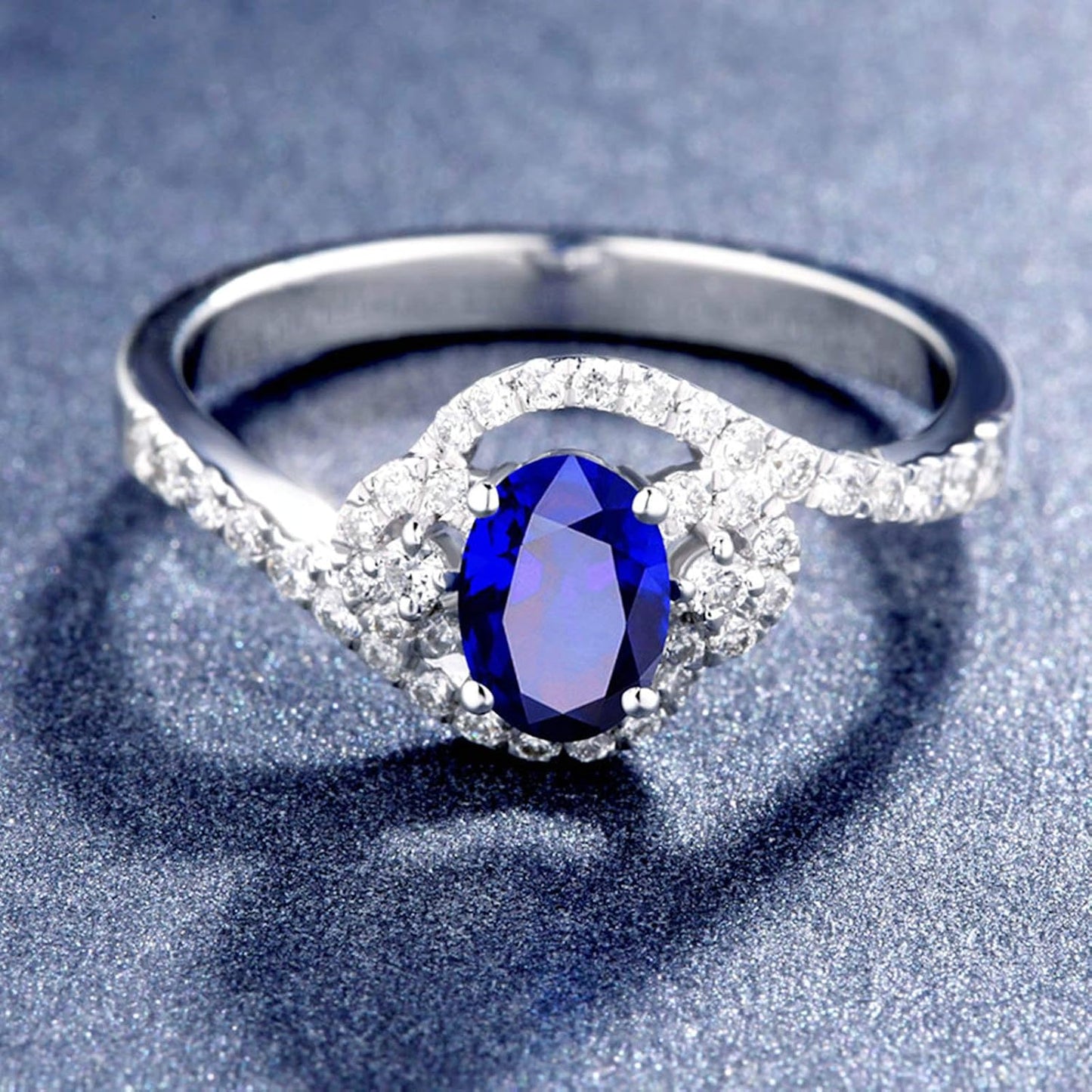 Aienid 18Ct White Gold Promise Ring Oval Cut Blue Sapphire with Diamond Engagement Ring for Her