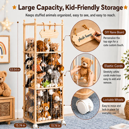 TANONE Stuffed Animal Storage - Wooden Large Organizer Holder for Playroom - Plush Zoo Animals Holder with Elastic Cords & Brake Wheel for Toddler Bedroom Toy Stuff Organization