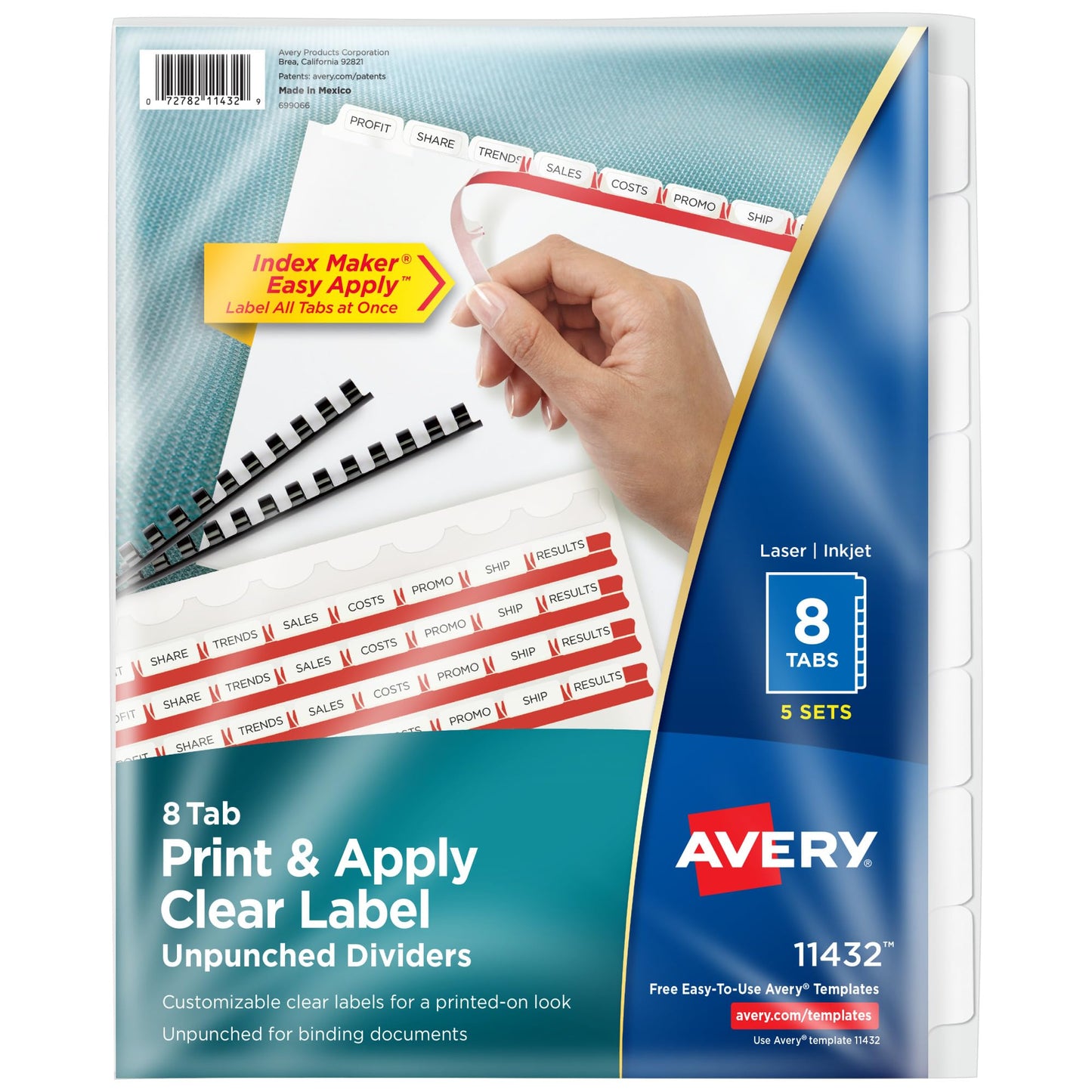 Avery 8 Tab Unpunched Dividers for Use with Any Binding System, Easy Print & Apply Clear Label Strip, Index Maker Customizable White Tabs, 150 Sets Total (6 Packs of 11444)