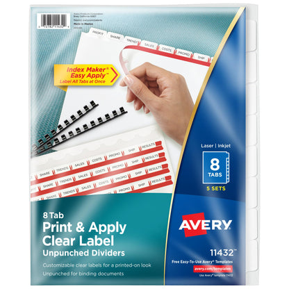 Avery 8 Tab Unpunched Dividers for Use with Any Binding System, Easy Print & Apply Clear Label Strip, Index Maker Customizable White Tabs, 150 Sets Total (6 Packs of 11444)