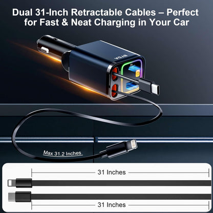 4-in-1 einziehbarer Auto-Ladegerät mit Sternenlicht, 69W USB-C Schnell-Ladegerät, für iPhone 17/16/15/14/13/12/11, Android, Pixel, Zigarettenanzünder-Ladegerät (Lightning+USB-C (Regular))