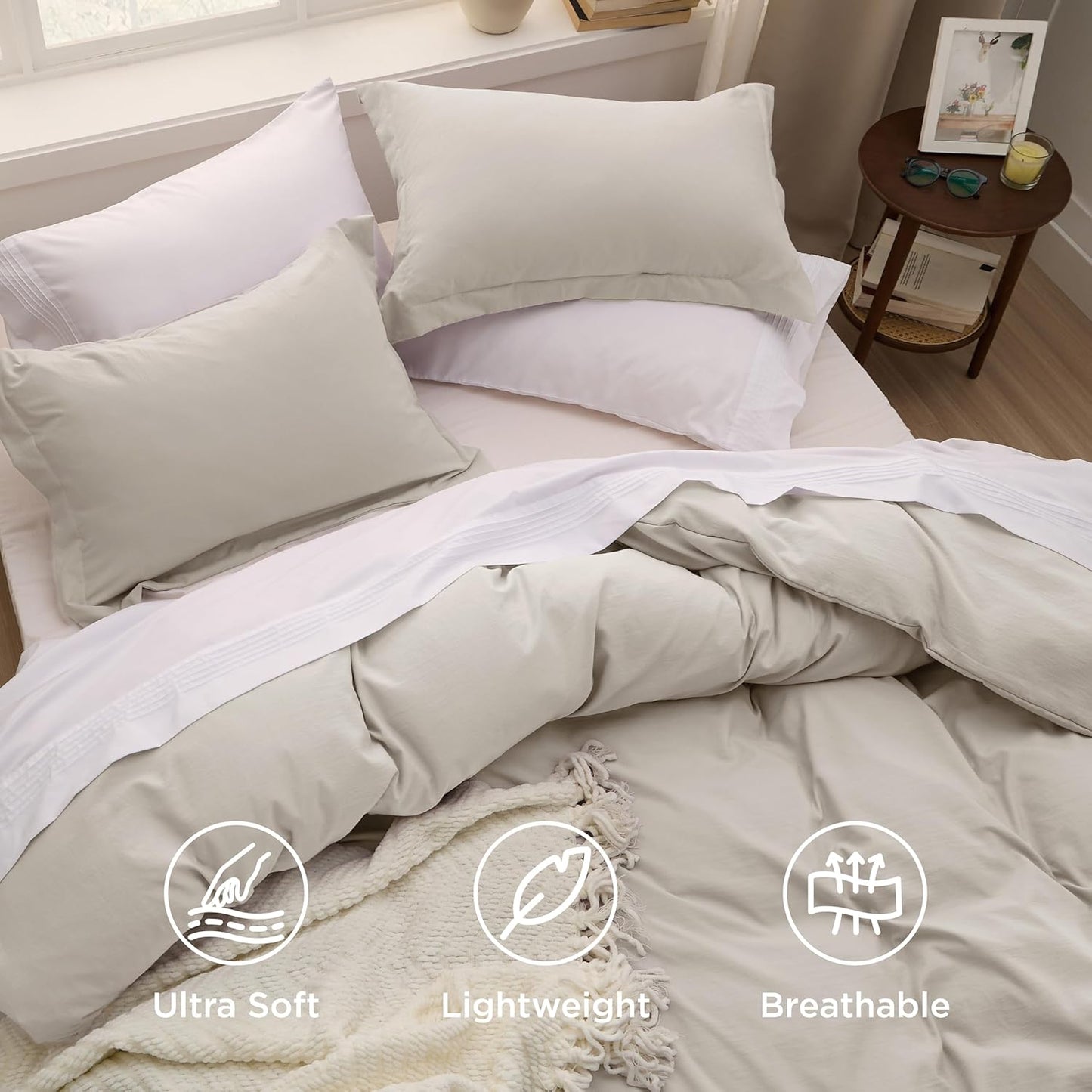 Funda nórdica blanca Bedsure, tamaño Queen, 3 piezas, aspecto de algodón prelavado, juego de cama extrasuave, incluye 1 funda nórdica de 228 x 228 cm con cierre de cremallera y 2 fundas de almohada, edredón no incluido