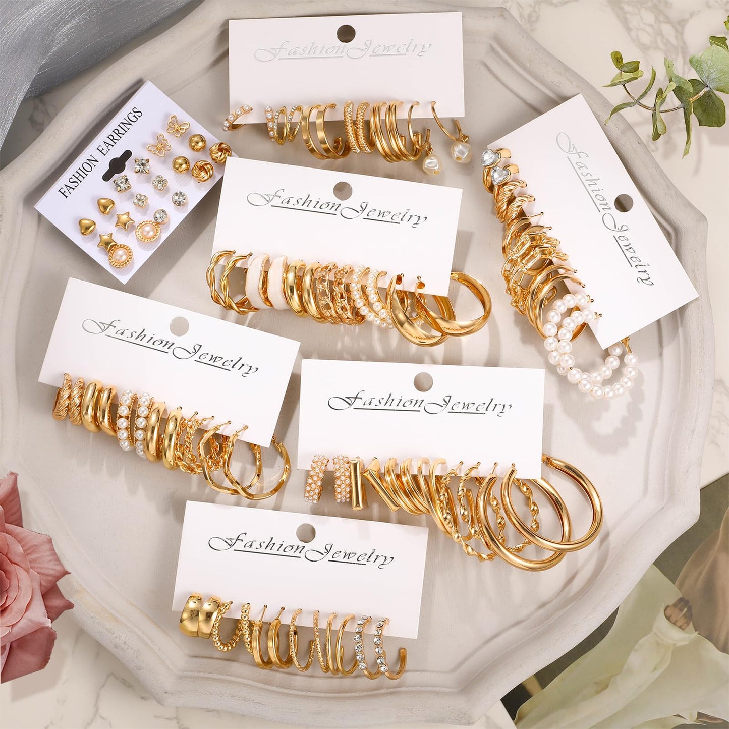42 Paar goldene Creolen für Damen, Modisches klobiges Perlenohrring-Multipack, gedrehter Statement-Ohrring-Pack, hypoallergene kleine große Creolen für Geburtstagsfeiern (Gold-42 Paare)