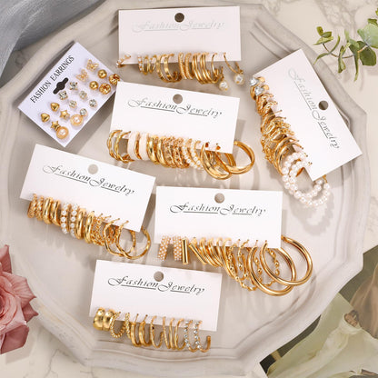 42 Paar goldene Creolen für Damen, Modisches klobiges Perlenohrring-Multipack, gedrehter Statement-Ohrring-Pack, hypoallergene kleine große Creolen für Geburtstagsfeiern (Gold-42 Paare)