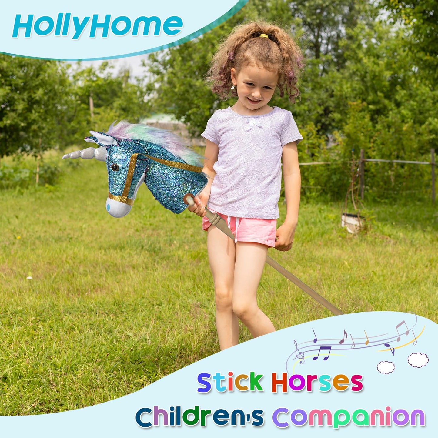 HollyHOME Plüsch Einhorn Steckenpferd mit Holzrädern Echten Pony Wiehern und Galoppieren Geräuschen Plüschtier Rosa 94 cm (AA Batterien Benötigt)