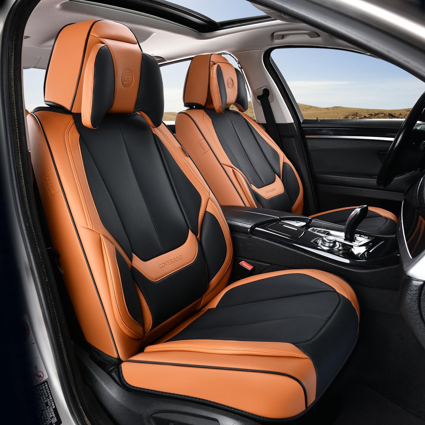 Coverado Car Seat Covers 5 Pieces, Full Set Universal Seat Covers for Cars, Waterproof Nappa Leather Auto Seat Protectors with Head Pillow, Car Interiors Fit for Most Sedans SUV Pick-up Truck, Black