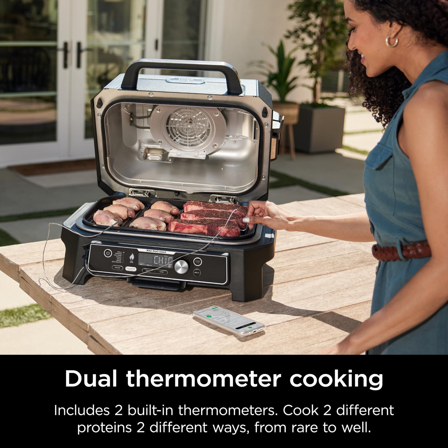 Ninja Woodfire Pro Connect XL Outdoor Grill & Smoker | Bluetooth, App Enabled | 7-in-1 Grill, BBQ Smoker, Outdoor Air Fryer | Woodfire Technology | Built-In Thermometer | Blue & Gold| OG951BL1