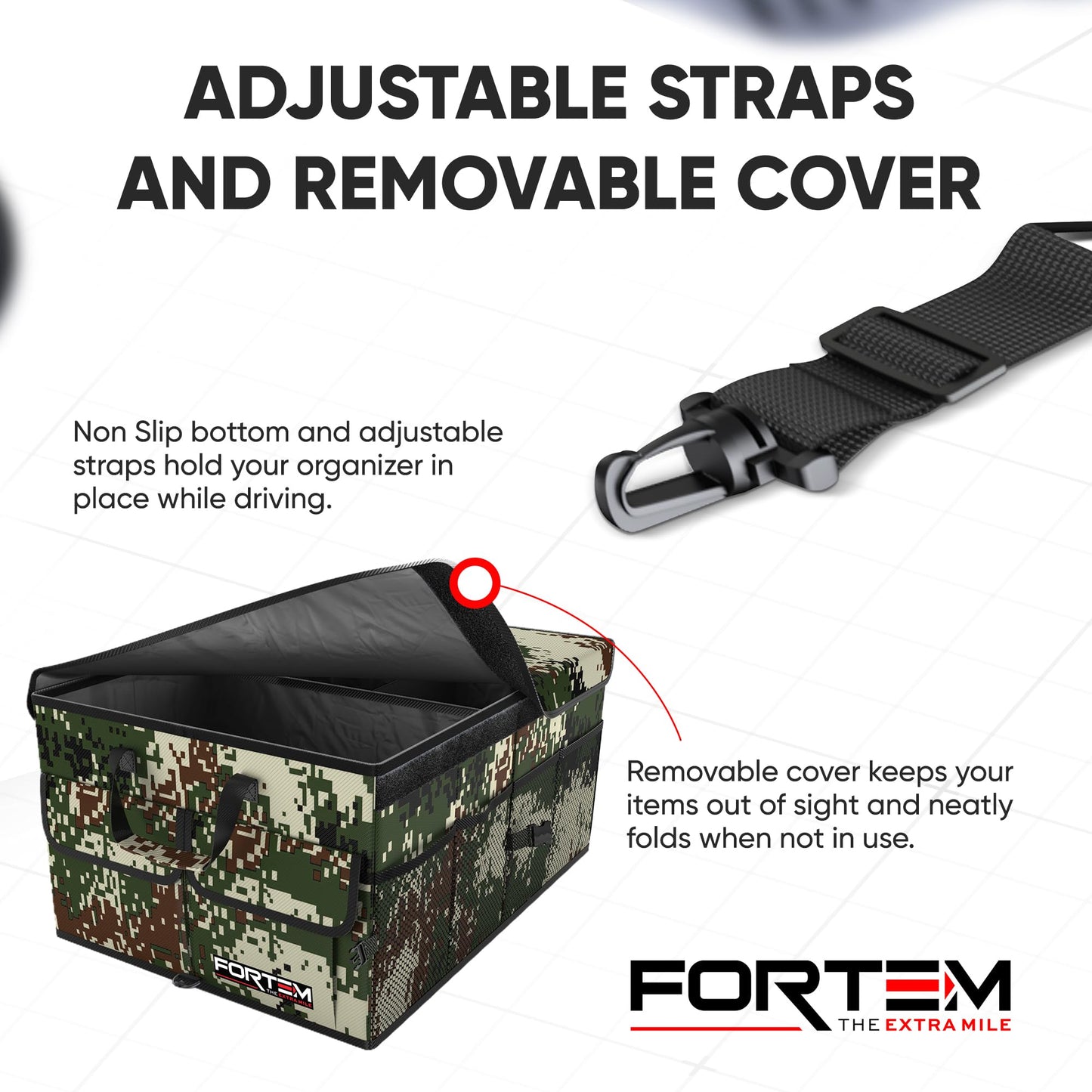 FORTEM Car Trunk Organizer, Collapsible Multi Compartment Car Organizer, Foldable SUV Storage for Car Accessories for Women Men, Non Slip Bottom, Securing Straps, Soft Cover 50L (Black, Standard)