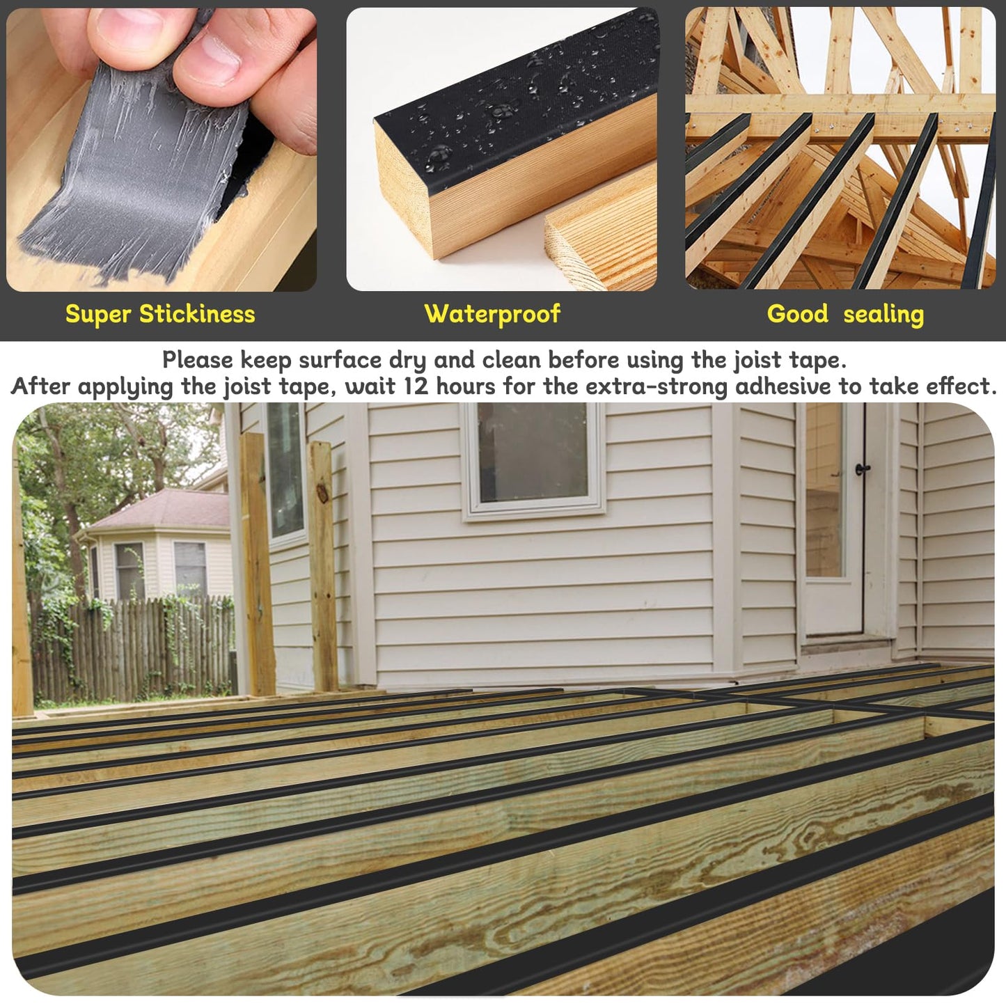 Joist Tape for Decking 2'' X 50', 6 Rolls Weather Resistance Butyl Tape, Waterproof and Anti-Corrosion, Self-Adhesive for Wood Joists Decks Beams Roof Extend Deck Life