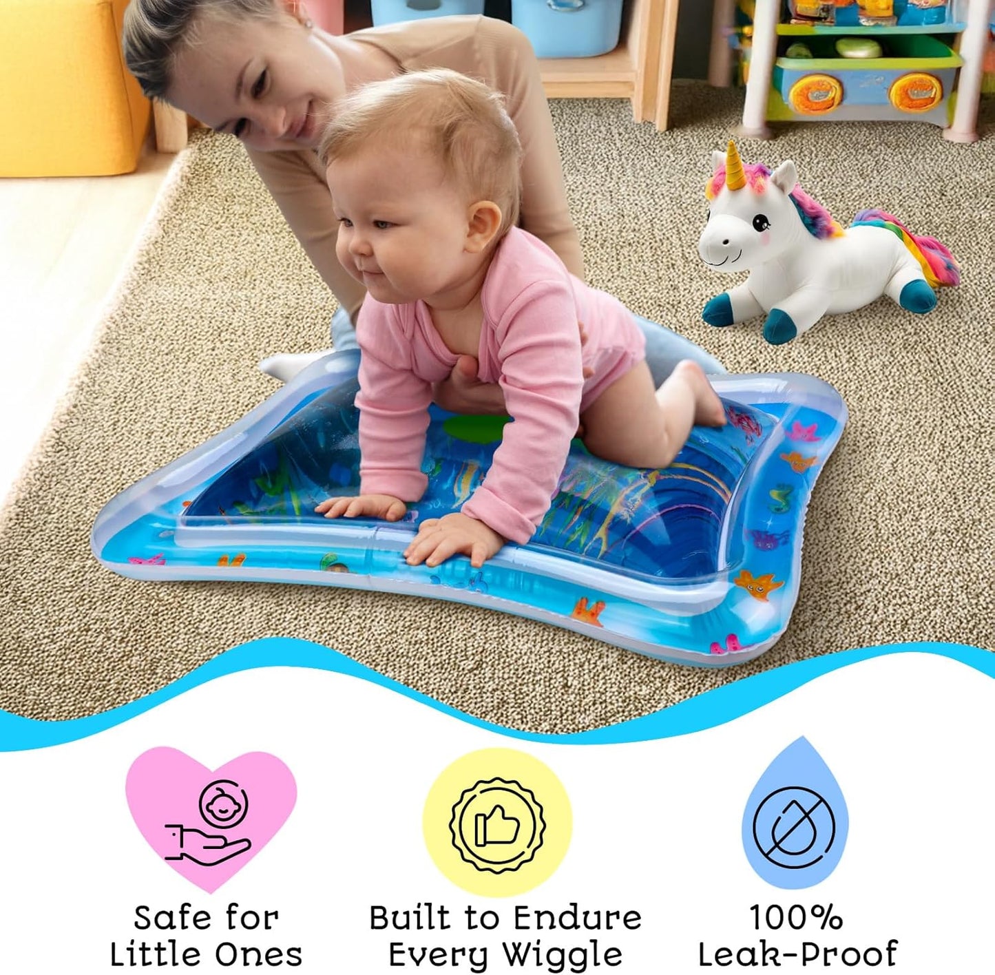 Tummy Time Wassermatte – Aufblasbare Wasserspielmatte für Babys – Sensorische Tummy Time Matte für Bodenspiele – 100% BPA-frei & auslaufsicher – Babys, Säuglinge 3-12 Monate – PAC3 – Blau – Avec Maman
