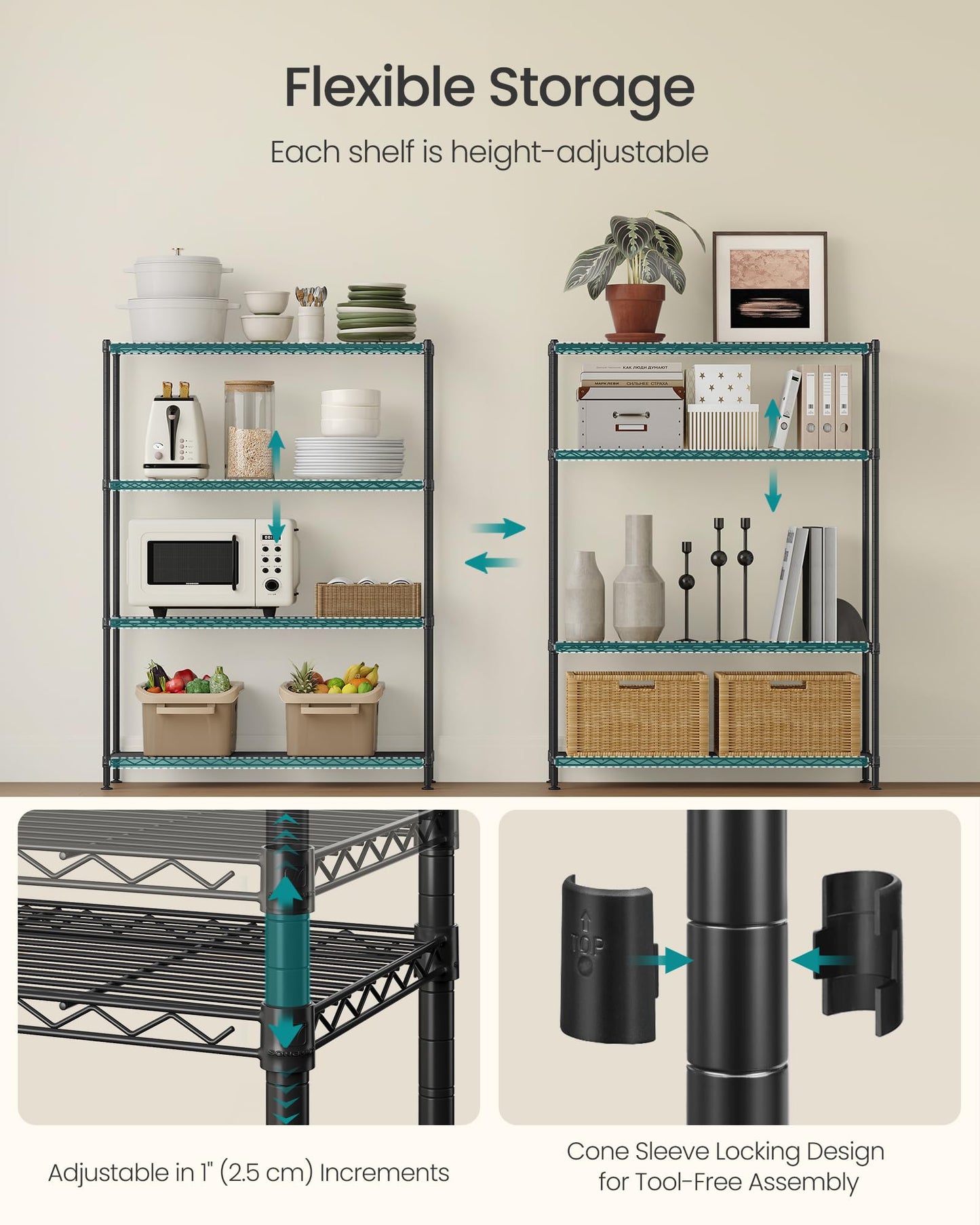 SONGMICS Storage Shelf, Small Metal Wire Shelving Unit, Adjustable Shelves, for Small Spaces, Garage, Bedroom, Living Room, Kitchen, Pantry, 5 Tier, 11.8 x 11.8 x 47.6 Inches, Ink Black ULGR123BH01