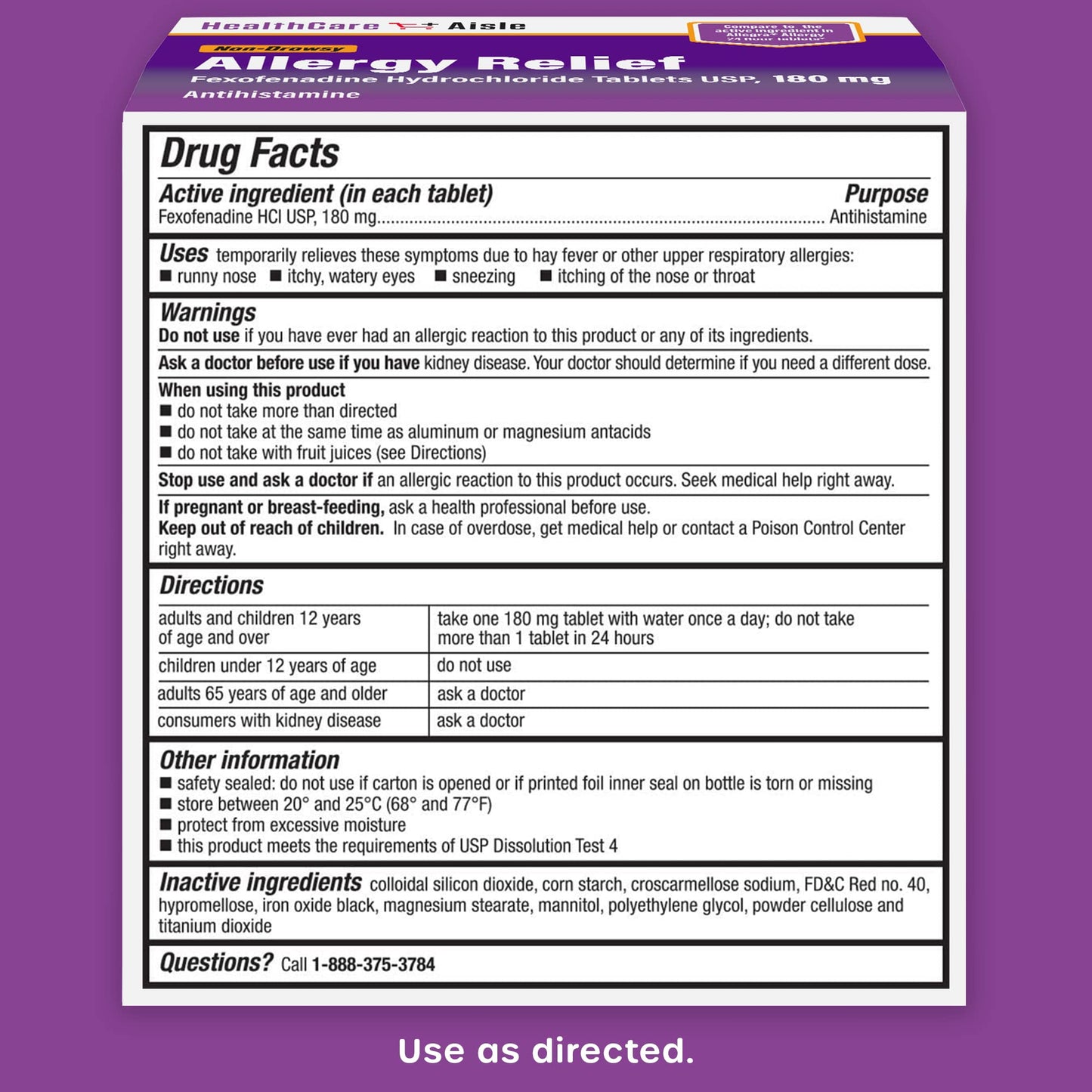 HealthCareAisle Allergy Relief - Fexofenadine Hydrochloride Tablets USP, 180 mg - 180 Tablets - Allergy Medication, Non-Drowsy 24-Hour Relief, (Pack of 2)