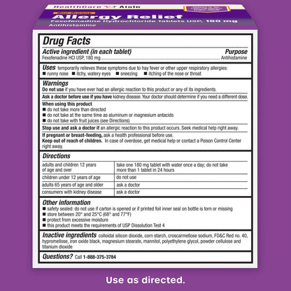 HealthCareAisle Allergy Relief - Fexofenadine Hydrochloride Tablets USP, 180 mg - 180 Tablets - Allergy Medication, Non-Drowsy 24-Hour Relief, (Pack of 2)