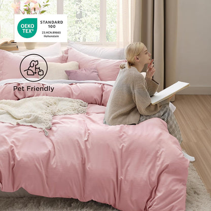 Funda nórdica blanca Bedsure, tamaño Queen, 3 piezas, aspecto de algodón prelavado, juego de cama extrasuave, incluye 1 funda nórdica de 228 x 228 cm con cierre de cremallera y 2 fundas de almohada, edredón no incluido