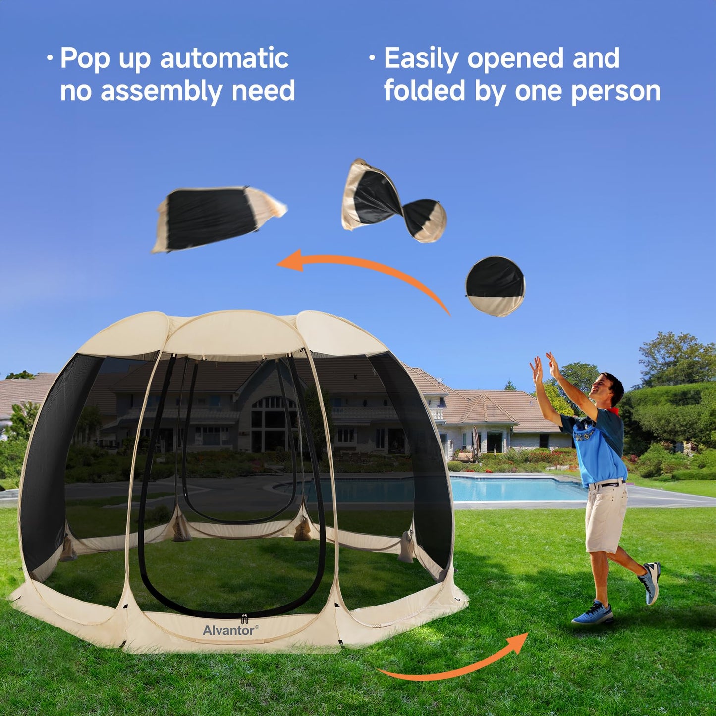 Alvantor Pop Up Screen House Tent, Instant Outdoor Gazebo with Mosquito Netting & UPF 50+ Sun Protection, Portable Canopy Shelter for Patio, Backyard, Camping (2-10 Person)