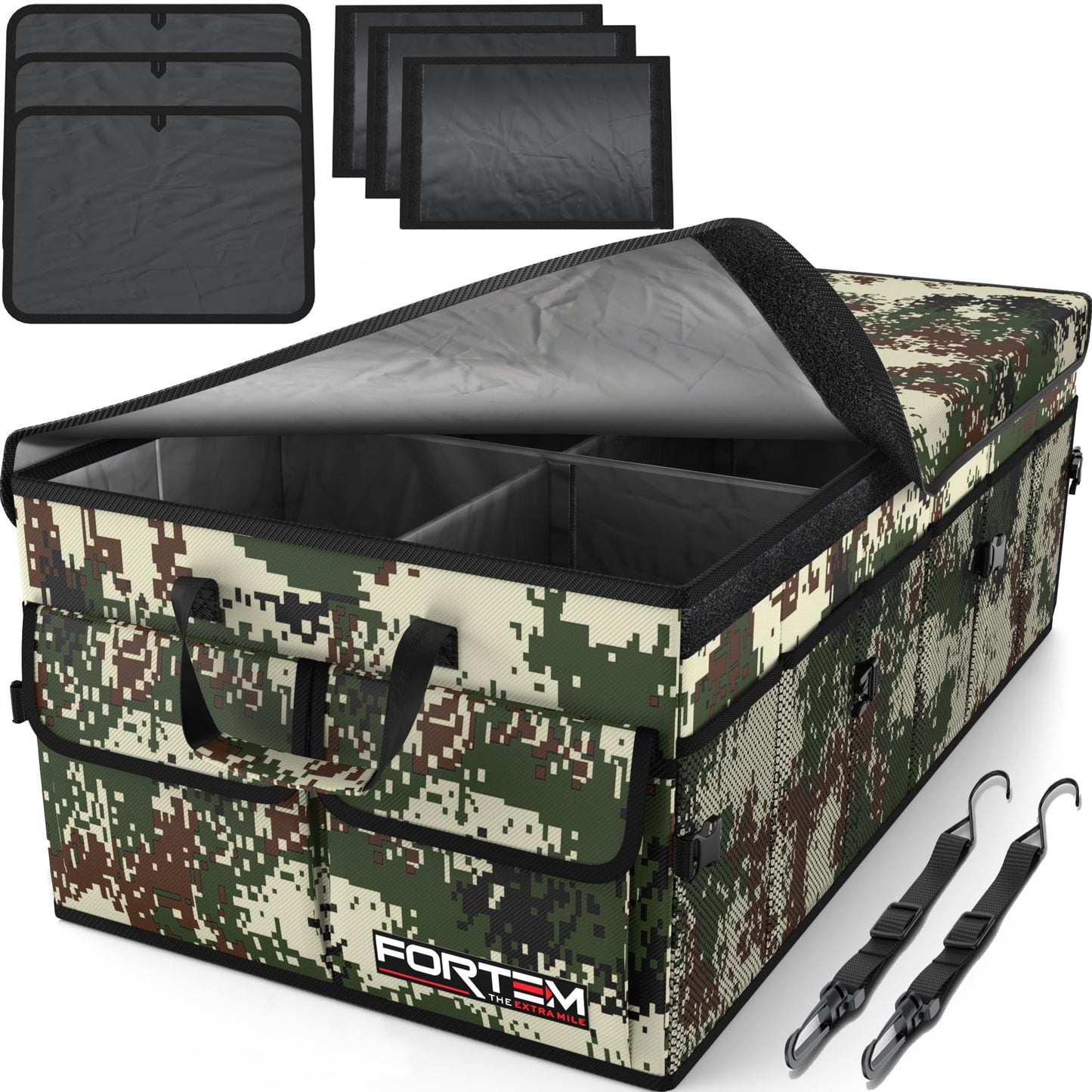 FORTEM Car Trunk Organizer, Collapsible Multi Compartment Car Organizer, Foldable SUV Storage for Car Accessories for Women Men, Non Slip Bottom, Securing Straps, Soft Cover 50L (Black, Standard)