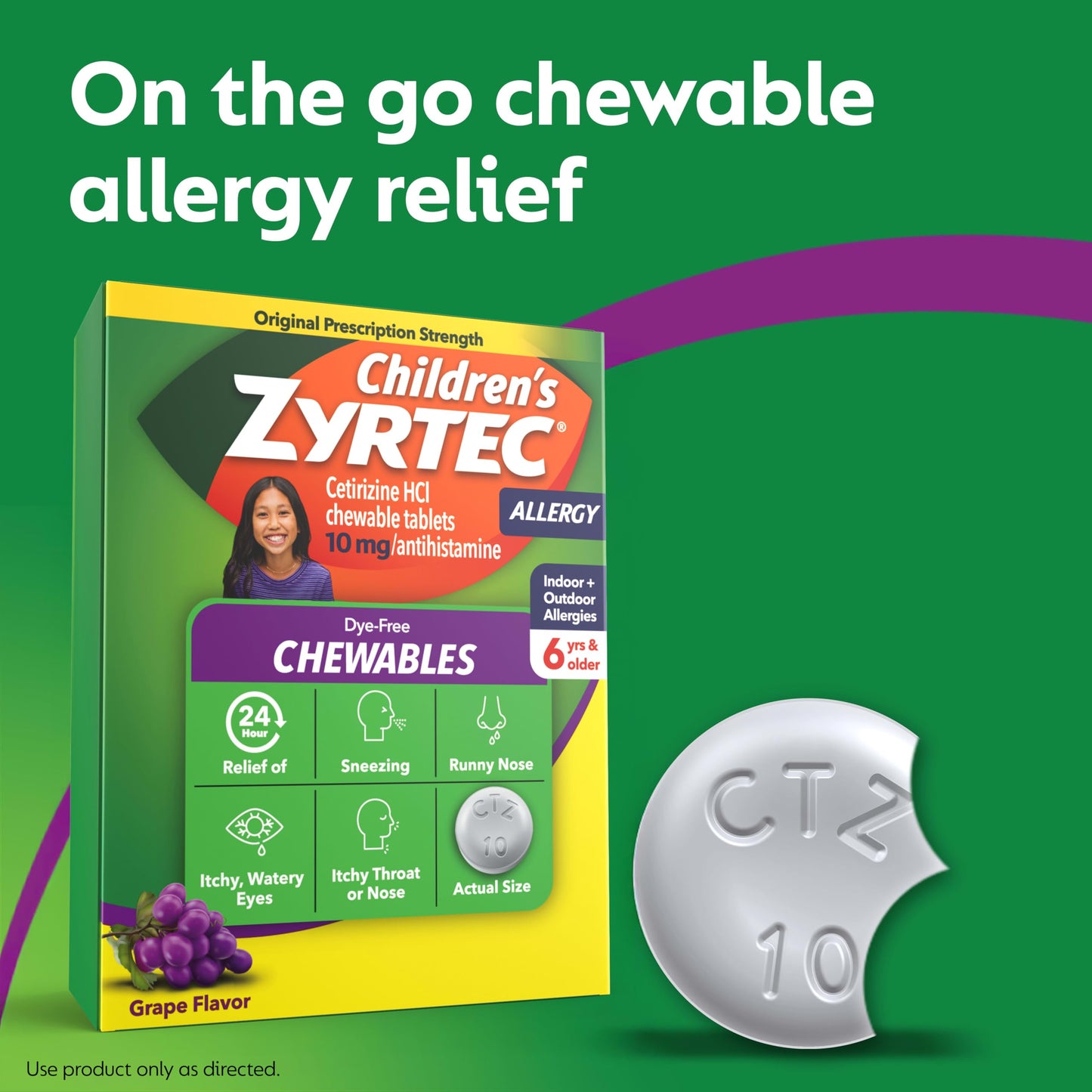 Zyrtec Children's Dye-Free Chewables for 24 Hour Allergy Relief, 10 mg Cetirizine Hydrochloride Antihistamine Tablets, Kids Allergy Medicine Relieves Sneezing & Itchy Throat, Grape, 48 ct(Pack of 2)