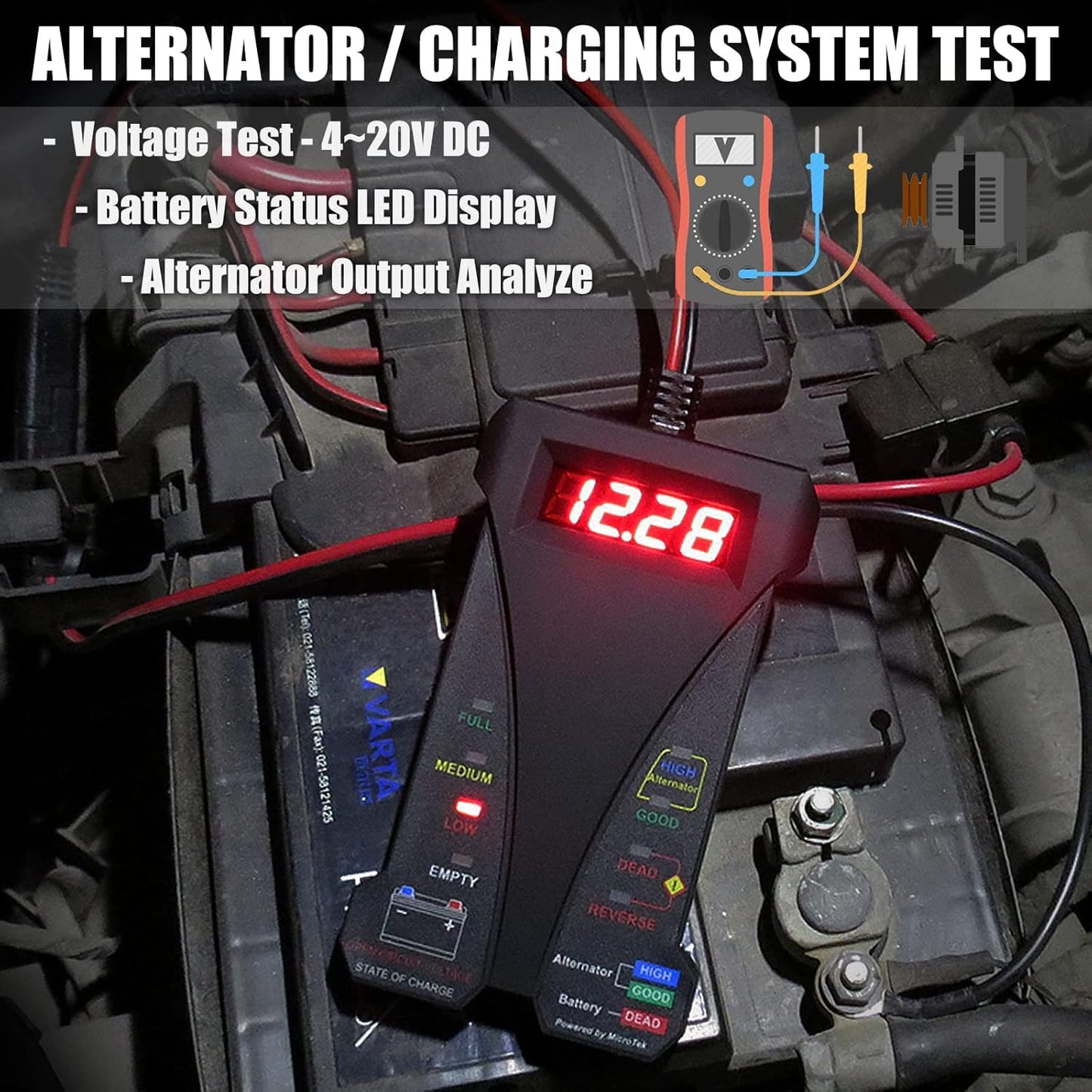 MOTOPOWER MP0514A 12V Digitaler Autobatterietester Voltmeter und Ladesystemanalysator mit LCD-Anzeige und LED-Indikation – Schwarze Gummifarbe