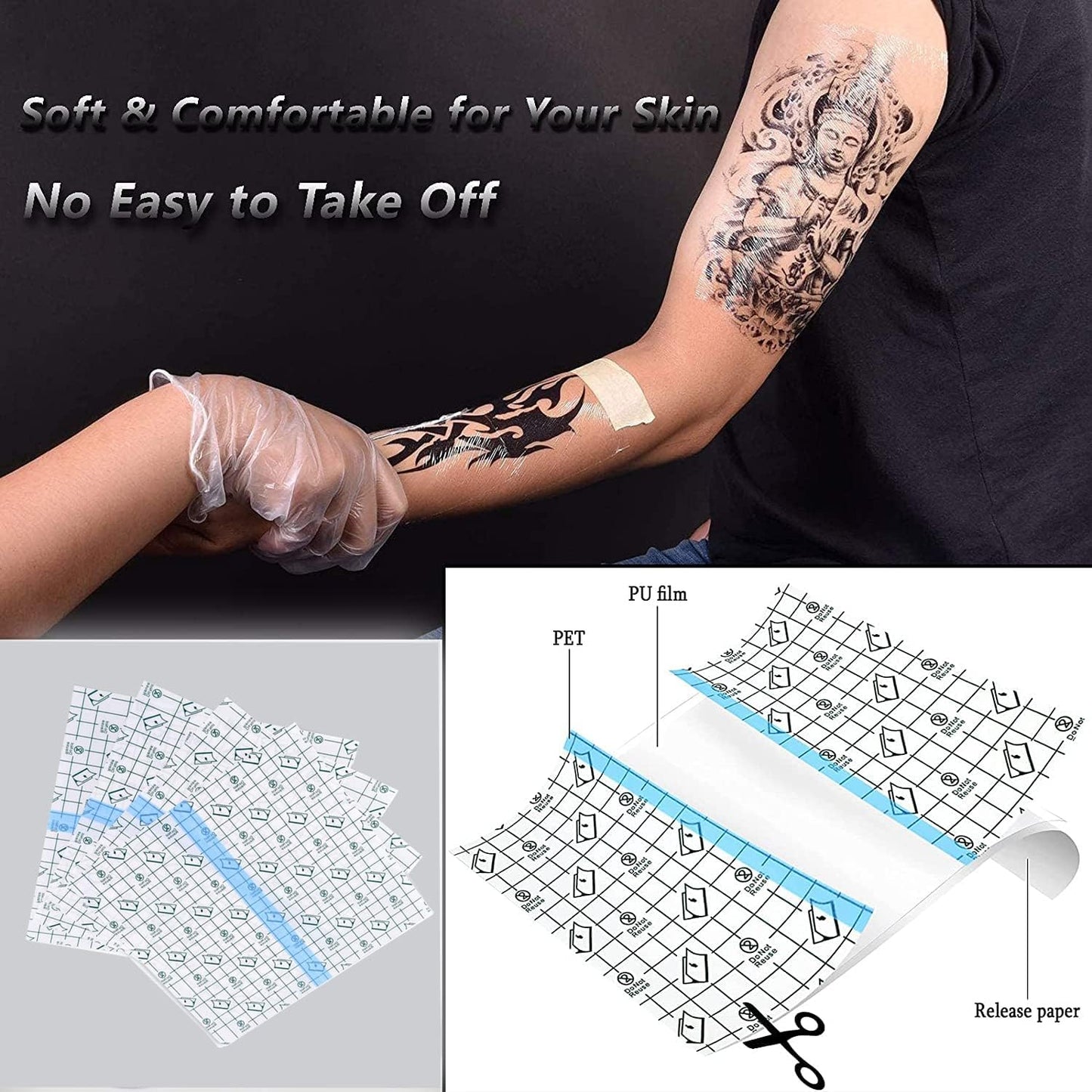 Tattoo-Nachsorgeverband – Wasserdichtes Pflaster zum Hautschutz – „Zweite Haut“ Verband zur Wundheilung – Transparente Tattoo-Folie – Sterile und sichere Klarsicht-Verbandsrolle für Tattoo-Zubehör