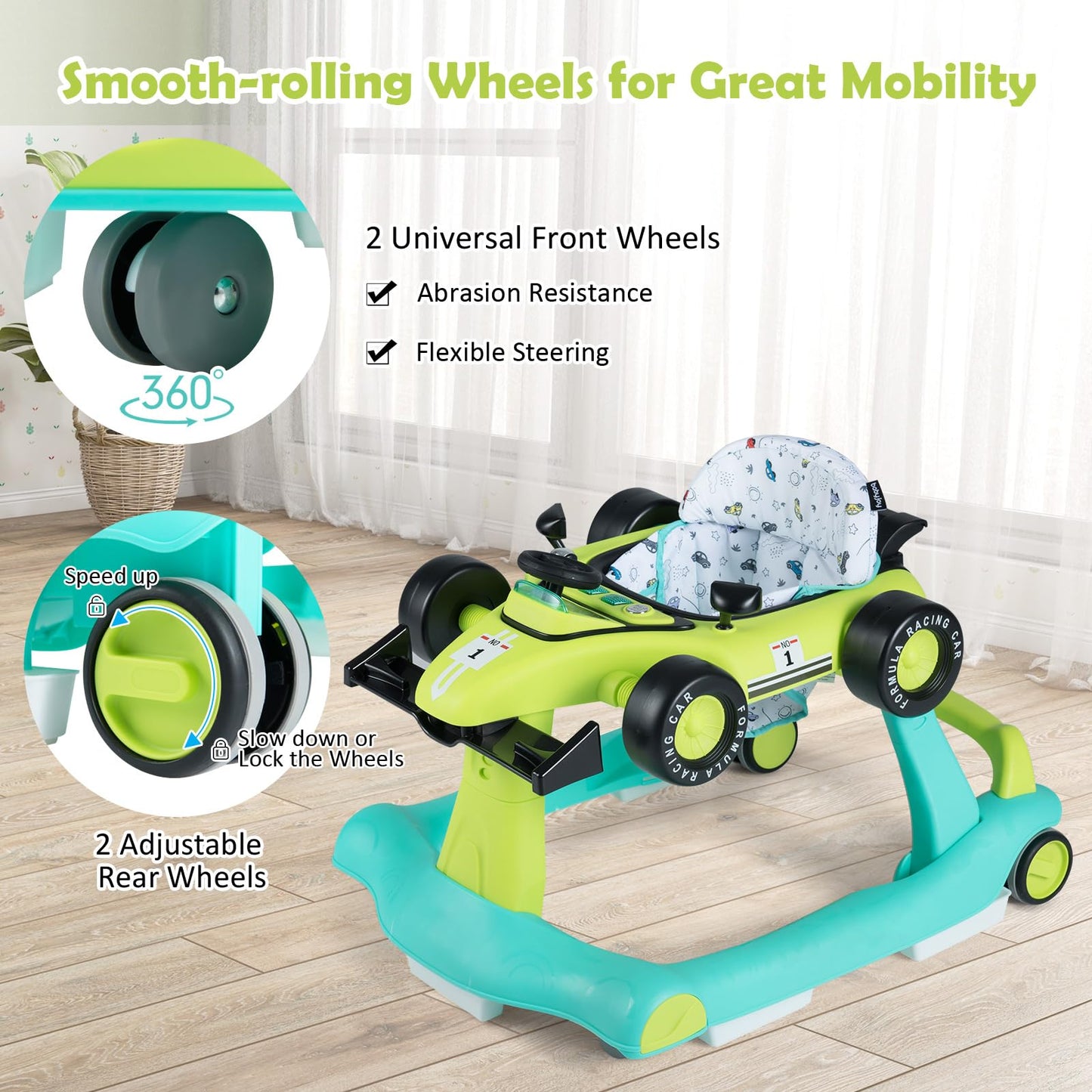 HONEY JOY 4-in-1 Baby Walker, Activity Push Walker w/3 Adjustable Heights, Smooth Wheels w/Adjustable Speed, Padded Seat, Music & Light, Foldable Car Walker for Baby Boys Girls Age 6 Months+ (Blue)