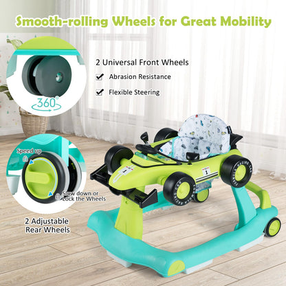 HONEY JOY 4-in-1 Baby Walker, Activity Push Walker w/3 Adjustable Heights, Smooth Wheels w/Adjustable Speed, Padded Seat, Music & Light, Foldable Car Walker for Baby Boys Girls Age 6 Months+ (Blue)