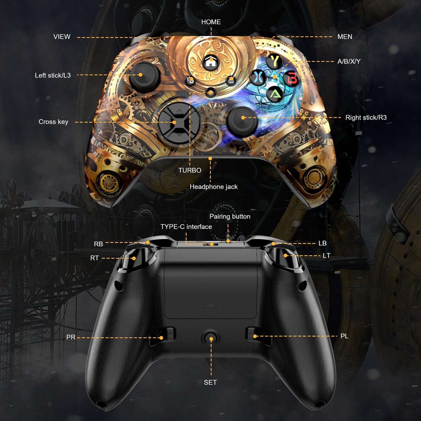 Dinosoo Wireless Controller for Xbox Series X|S, Xbox One & PC, Bluetooth, 4 Vibration Motors, Turbo, Macro, 3.5mm Headphone Jack Steampunk - Upgrading with a PC Before Connecting to X-Box